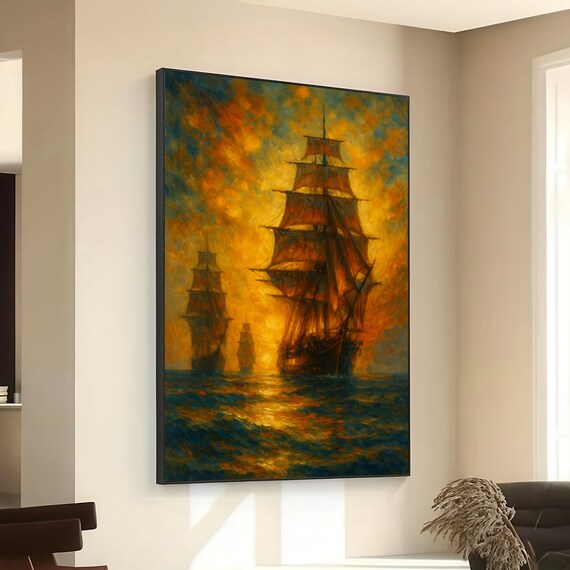 Vintage Tall Ships At Golden Sunset Dramatic Maritime Ocean Painting Poster