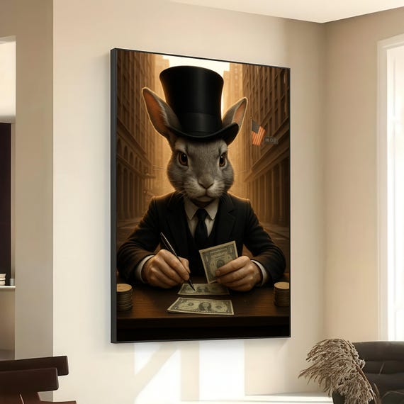 Dapper Rabbit In Top Hat Vintage Money Counting Canvas Surreal Animal Portrait Wall Art Elegant Suit Artwork Quirky Home Decor
