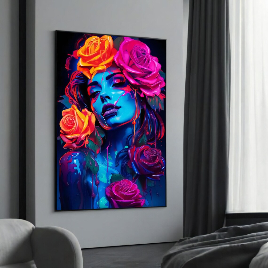 Neon Roses Blue Woman Surreal Vibrant Pop Style Portrait Poster