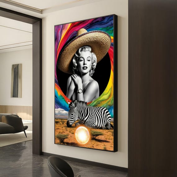 Retro Glamour Woman With Sombrero Zebra Safari Canvas Colorful Abstract Background Surreal Wildlife Wall Art Unique Home Decor