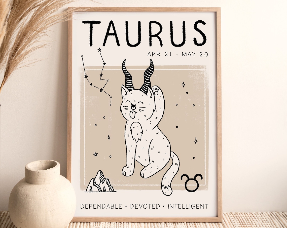 Taurus Zodiac Star Sign Art Print, Boho Cat
