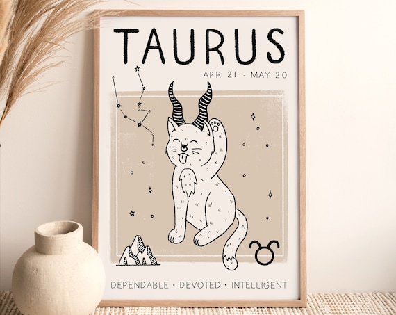 Taurus Zodiac Star Sign Art Print, Boho Cat