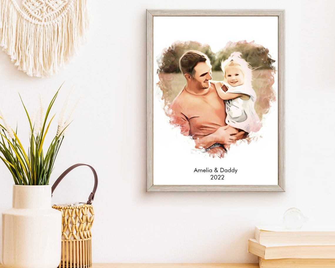 Bella and Daddy with Baby in Watercolor Heart Family Portrait Poster - Image 3