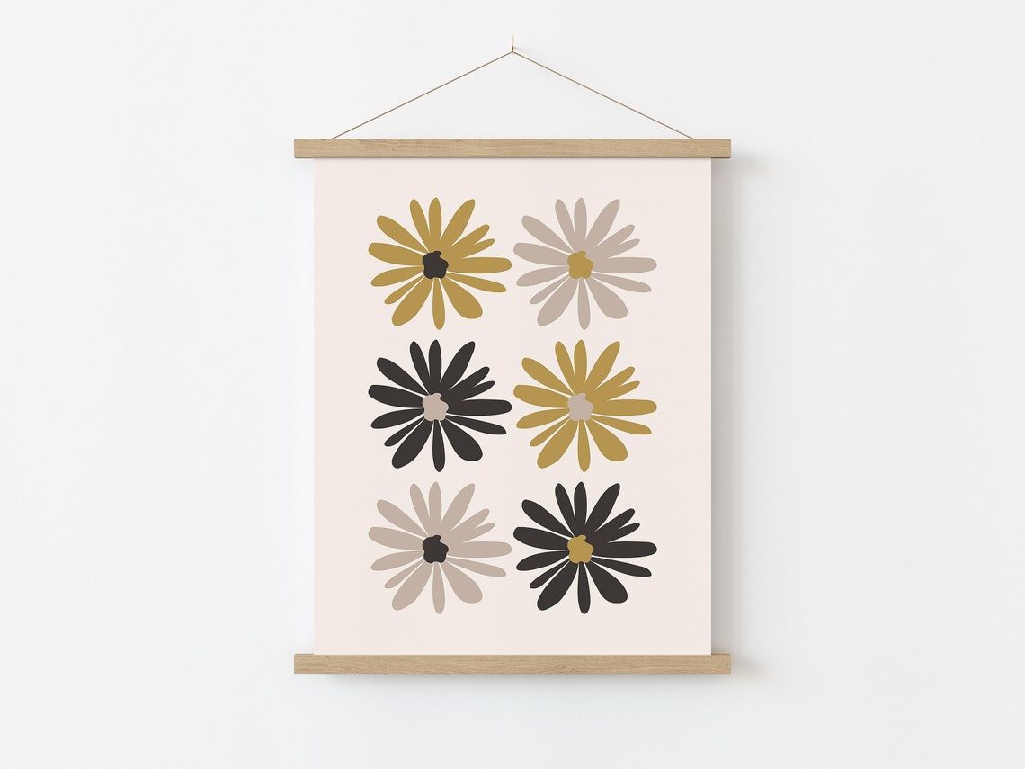 Retro Daisy Flower Grid Print Gold Black Boho Modern Floral Wall Art - Image 2