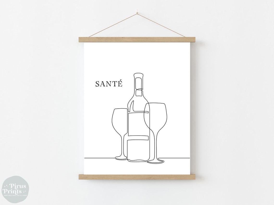 Sante Wine Bottle Line Art Minimal Black White Kitchen Wall Art - Image 2