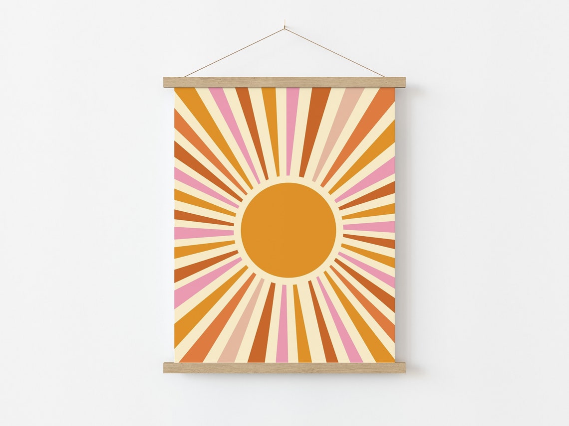 Groovy Retro Sunburst Orange Pink Sun Rays Boho Mid Century Wall Art - Image 4