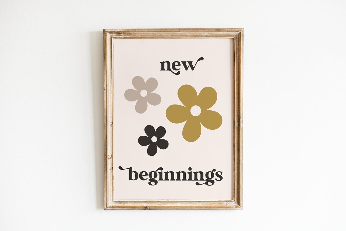 New Beginnings Retro Floral Quote Print Boho Gold Daisy Wall Art - Image 3