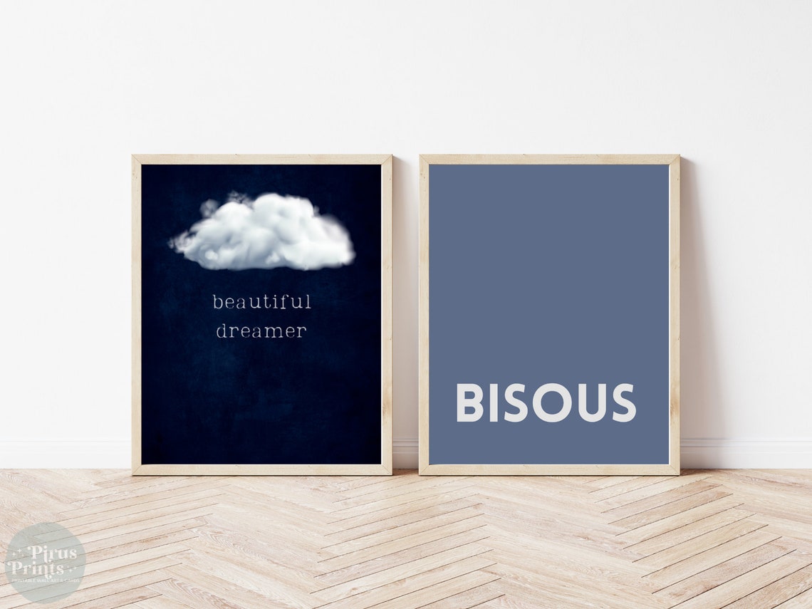 Beautiful Dreamer White Cloud Night Sky Navy Typography Wall Art - Image 3