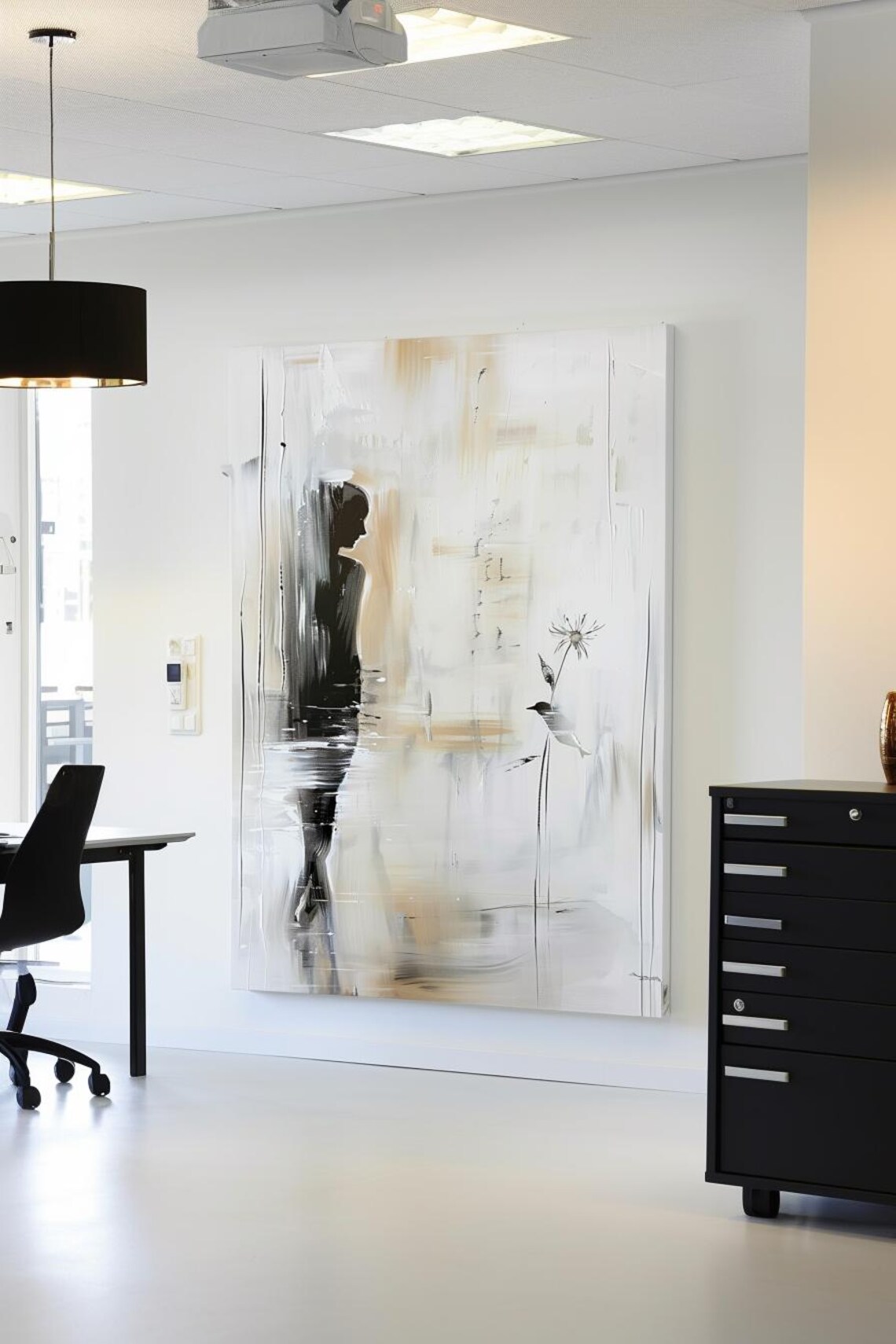 Silhouetted Woman with Bird in White Abstract Painting Poster