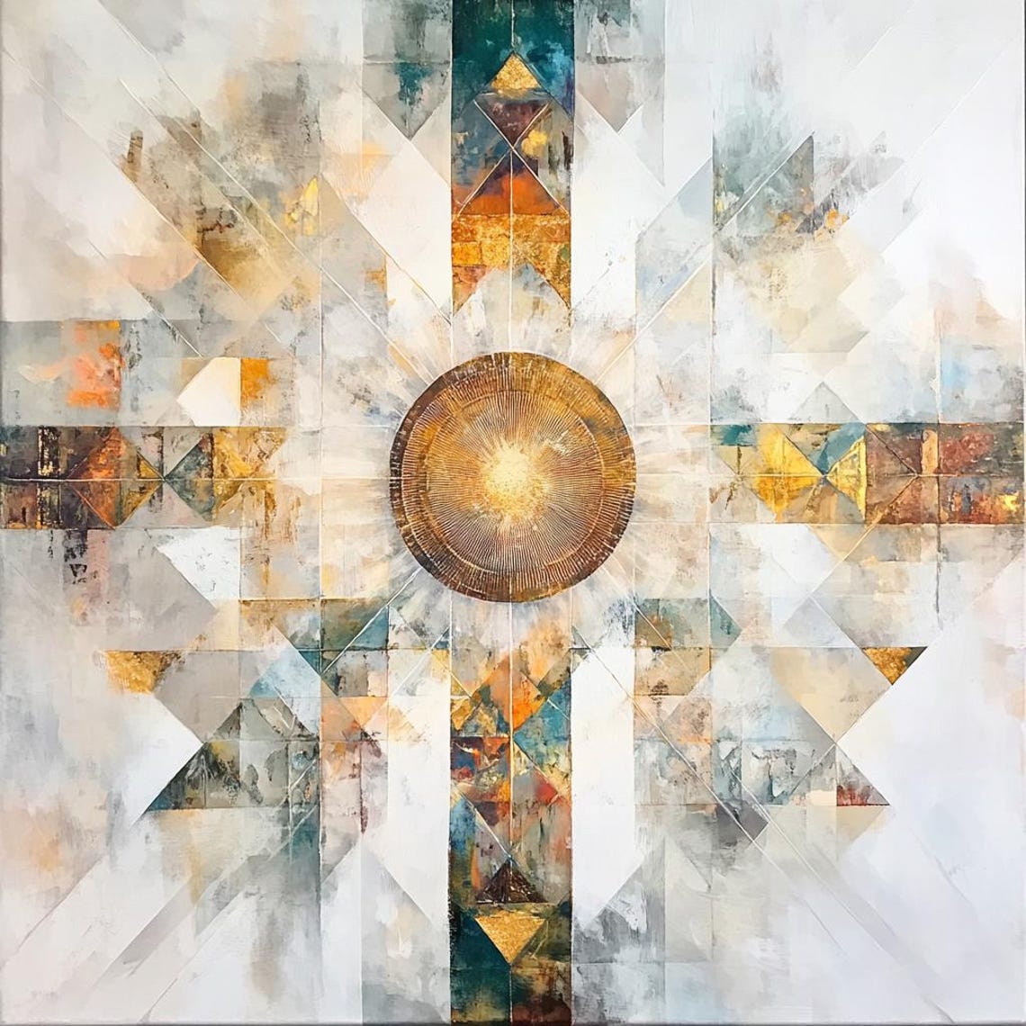 White Geometric Starburst with Golden Center Medallion Art Poster - Image 2