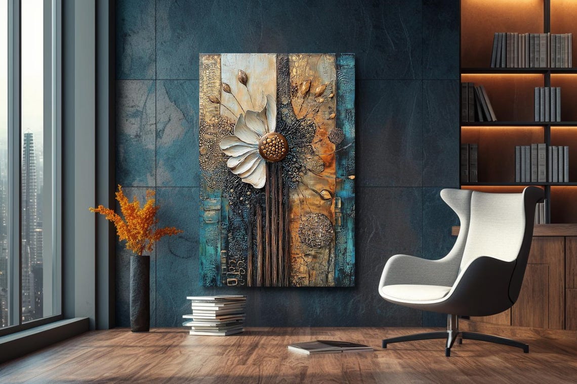 White Daisy Flower Gold Center Teal Rust Abstract Floral Poster