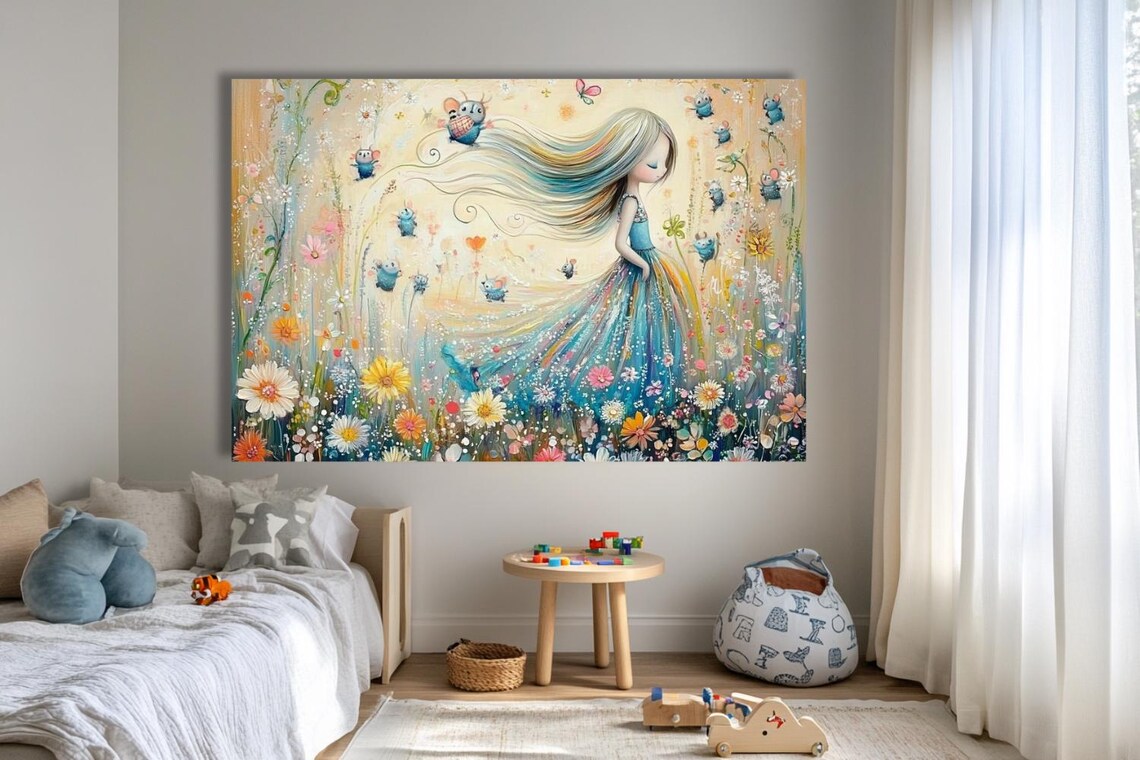 Girl In Blue Dress Garden Of Flowers And Birds Whimsy Poster - Image 2