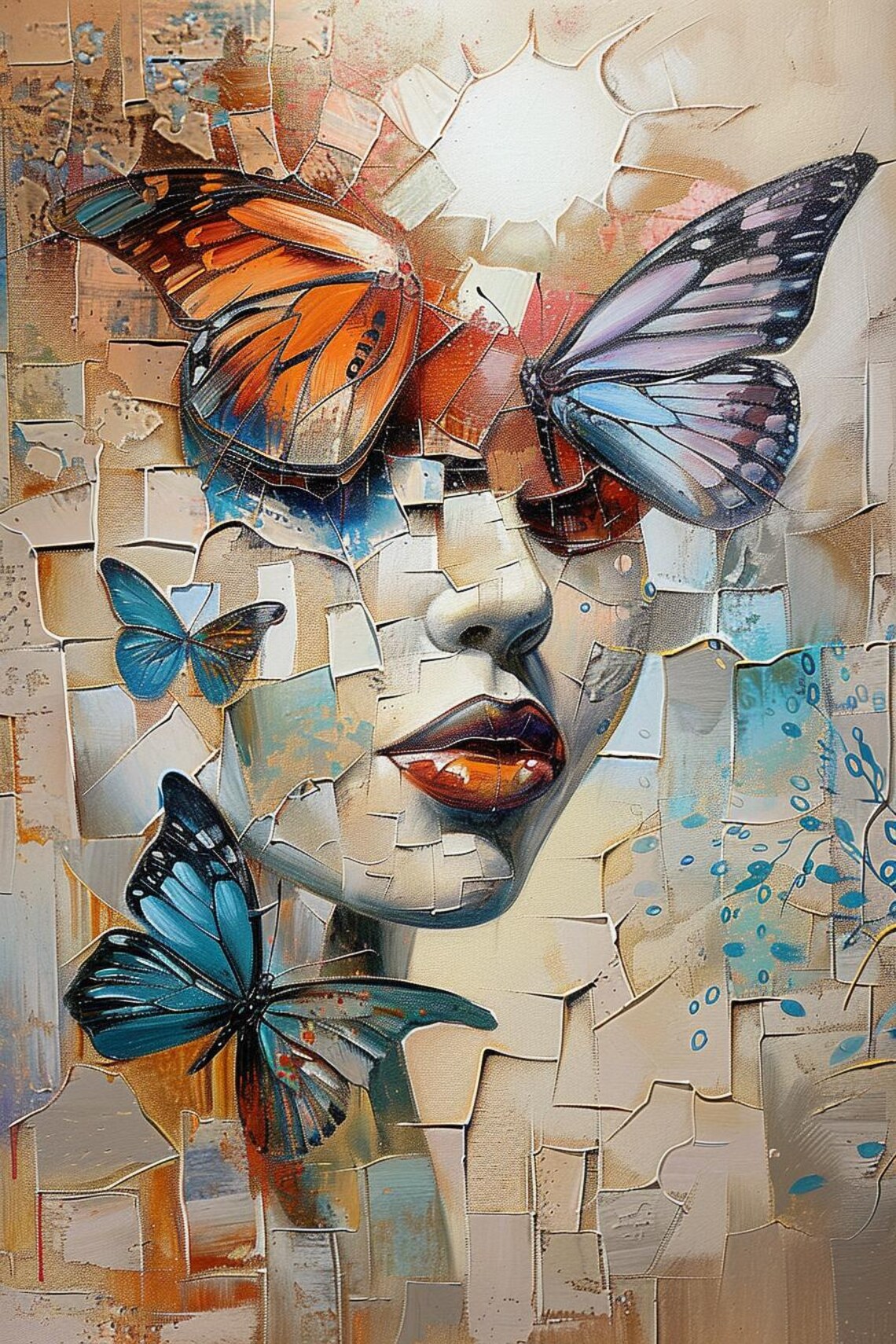 Fragmented Woman Portrait with Butterflies Abstract Mosaic Art Poster - Image 2