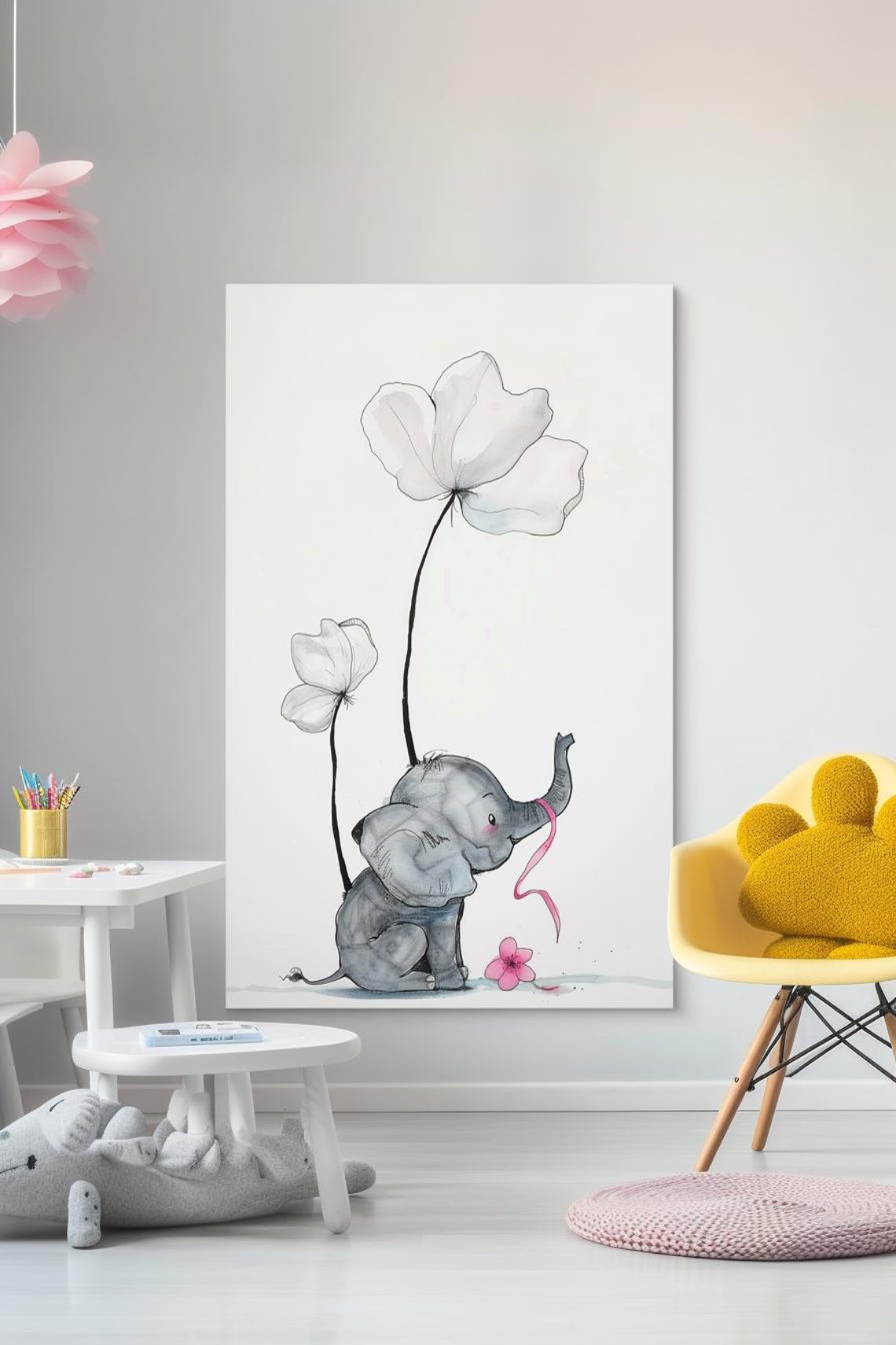 Gentleness Baby Elephant With Giant Flowers Watercolor Poster - Image 3