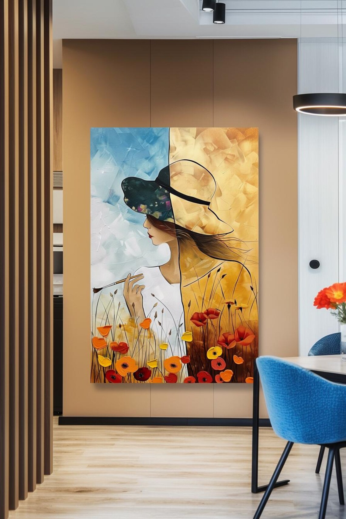 Woman Painter In Poppy Field Blue And Gold Split Portrait Poster - Image 3
