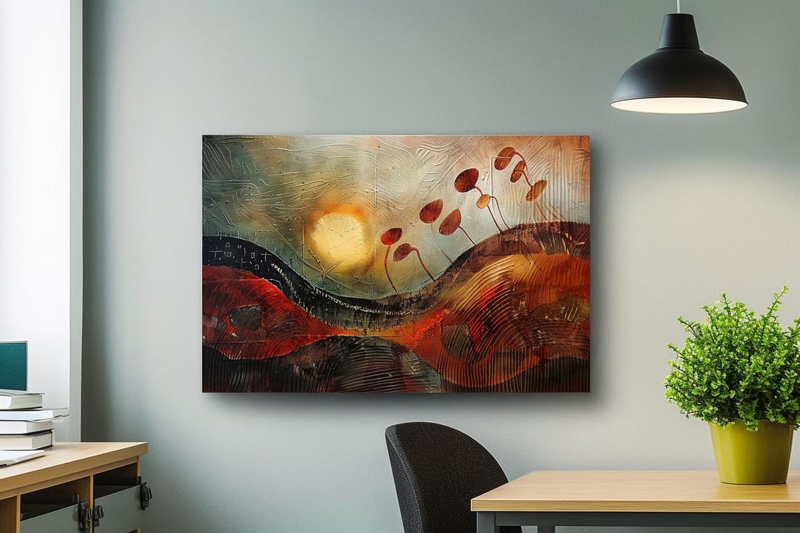 Abstract Sunset Hills in Rust and Amber Textured Landscape Poster