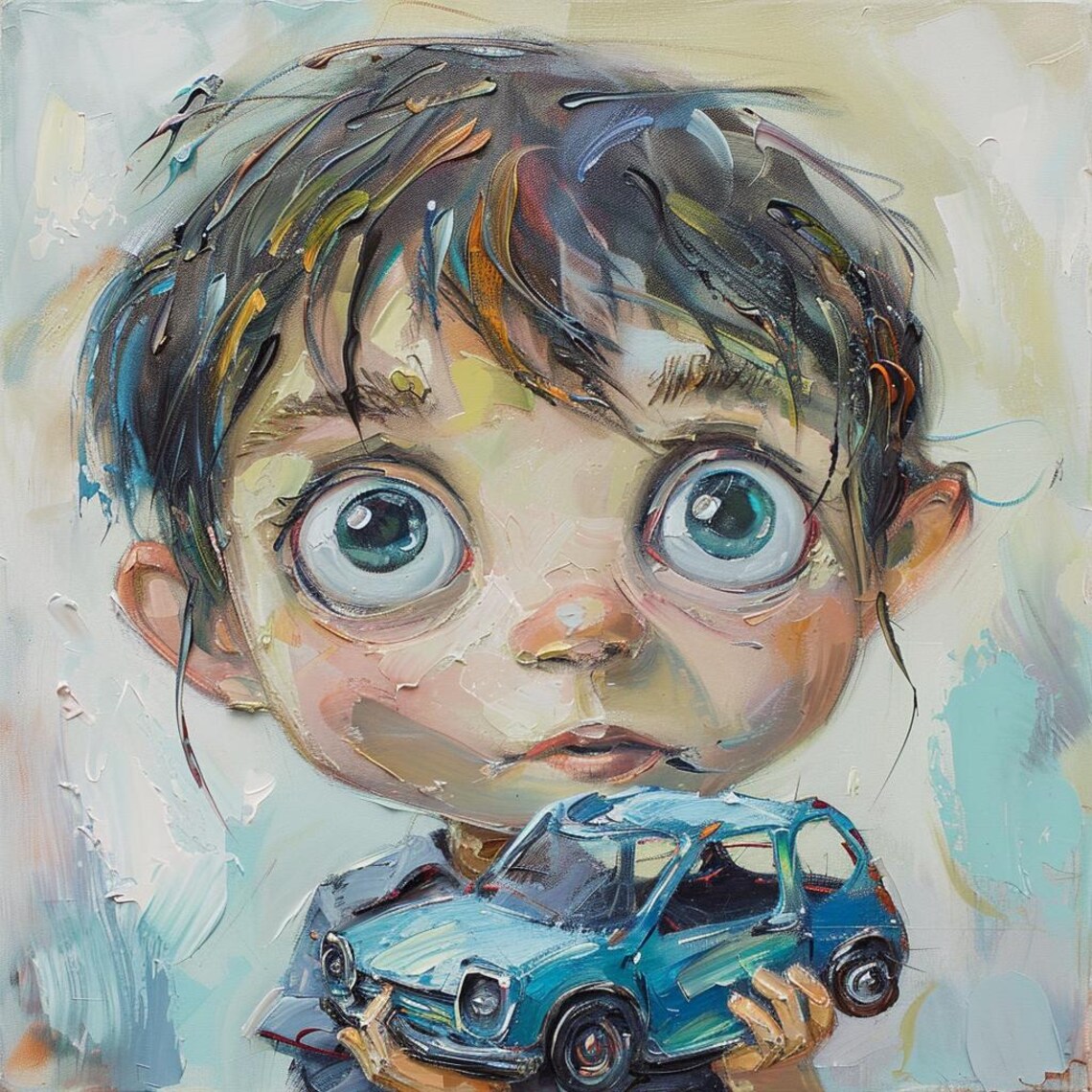 Big Eyed Boy Holding Blue Toy Car Charming Impasto Kids Art Poster - Image 2