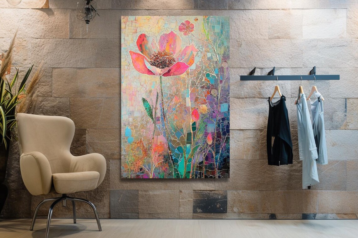 Mosaic Pink Poppy Flower In Dreamy Pastel Botanical Nature Poster