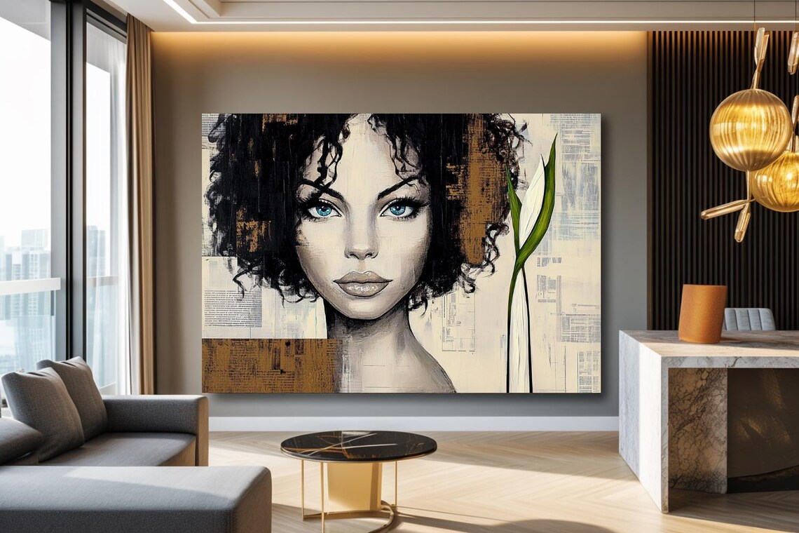 Look At Me Blue Eyed Curly Haired Woman Collage Portrait Poster - Image 3