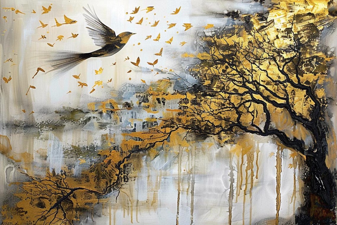 Message Golden Tree With Flying Bird Monochrome Abstract Poster - Image 2