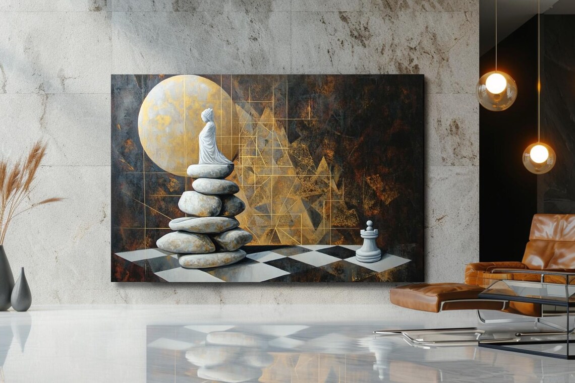 Woman Atop Stone Cairn Beneath Giant Moon Surreal Painting Poster - Image 3