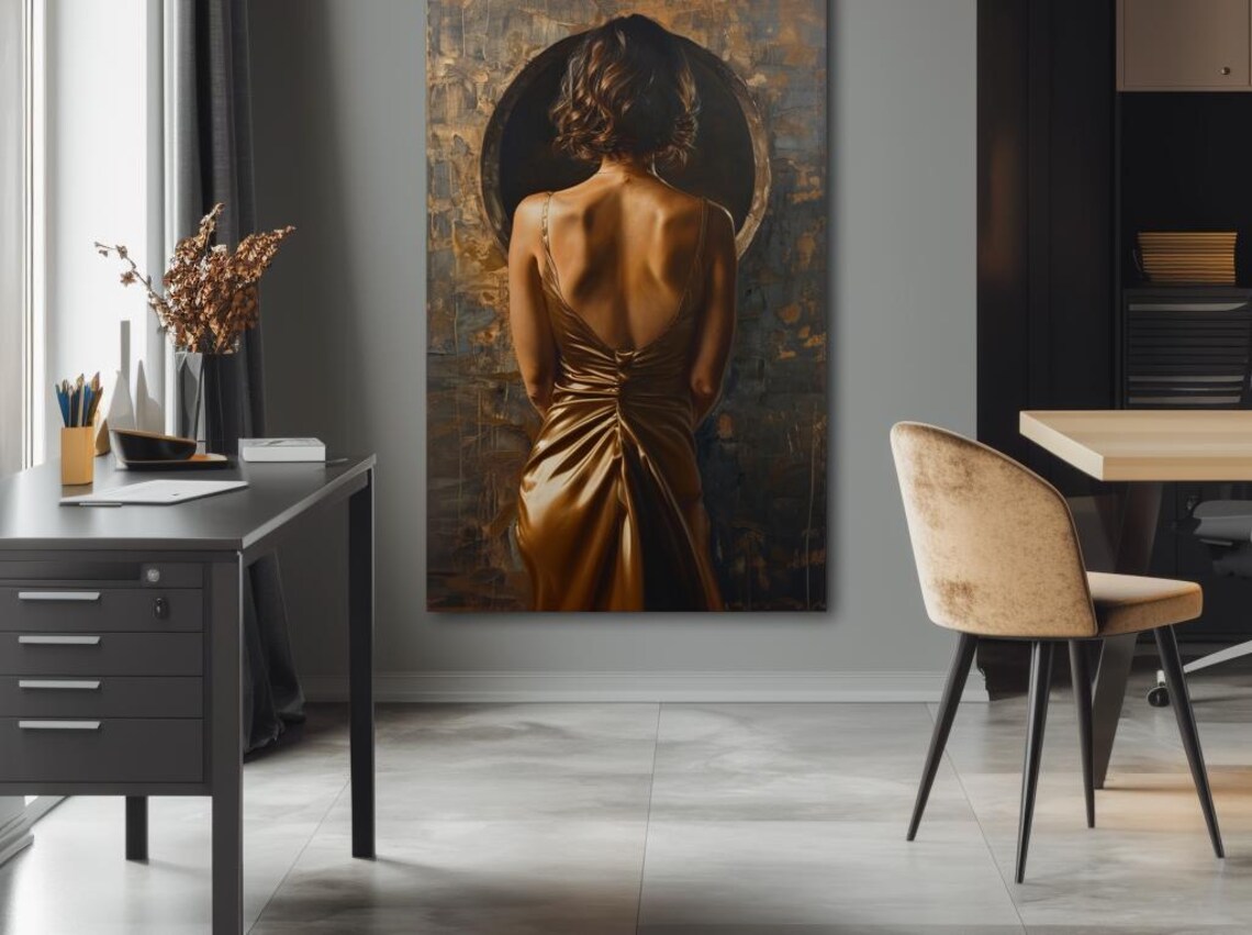 Elegant Woman In Flowing Gold Gown Before Dark Moon Circle Poster - Image 3