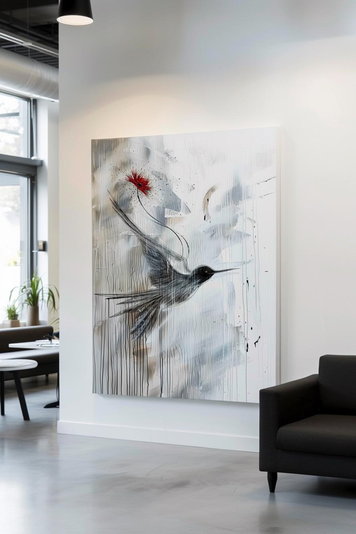 Hummingbird Reaching a Red Flower Ink Sketch Painting Poster - Image 3