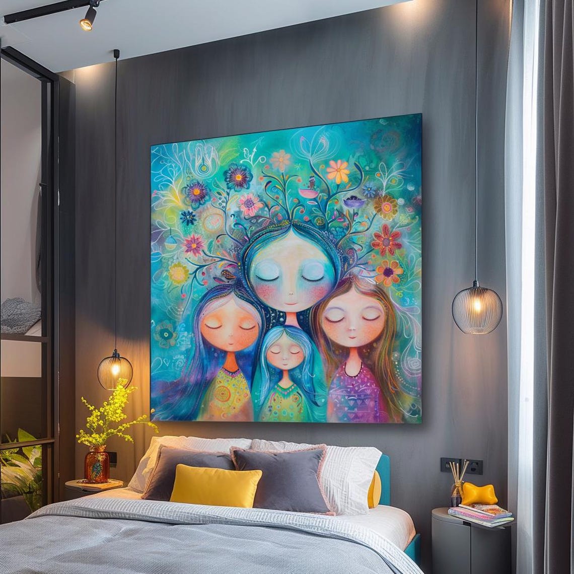 Four Serene Girls with Blooming Flower Hair Whimsical Teal Art Poster
