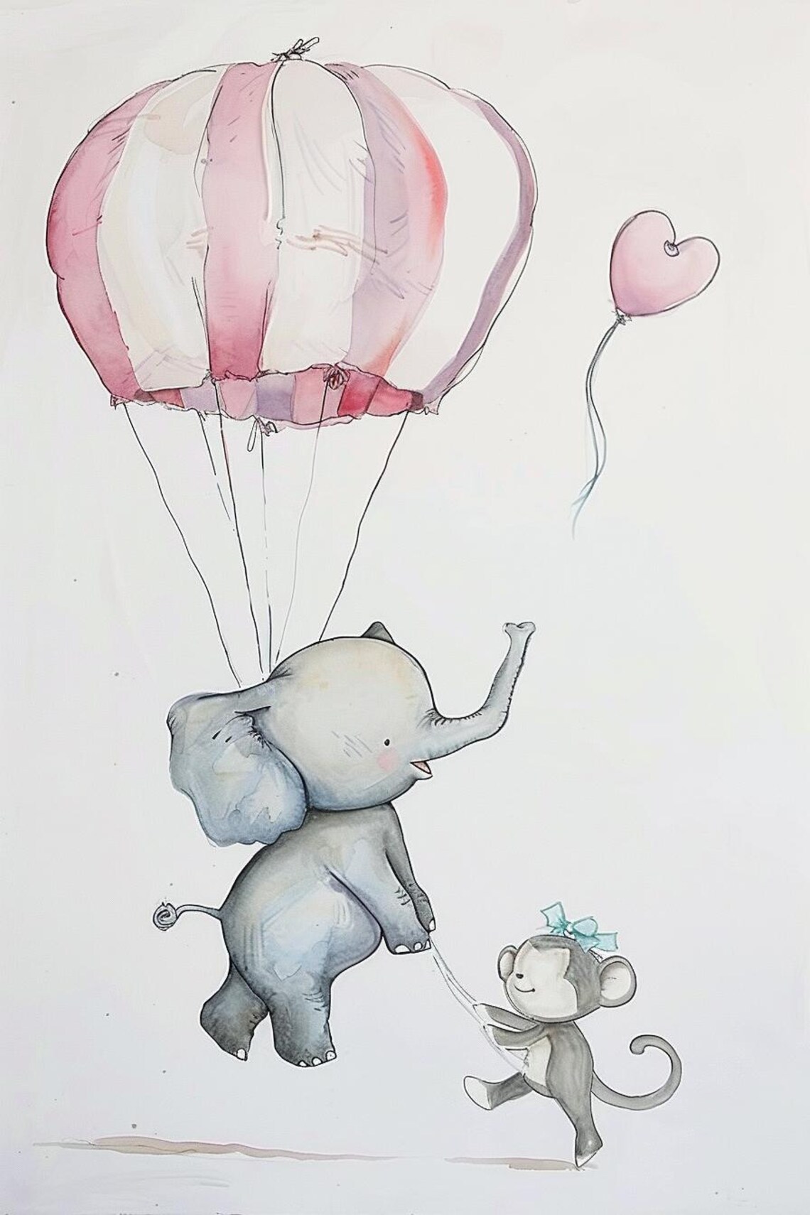 Baby Elephant With Pink Parachute And Monkey Nursery Art Poster - Image 2