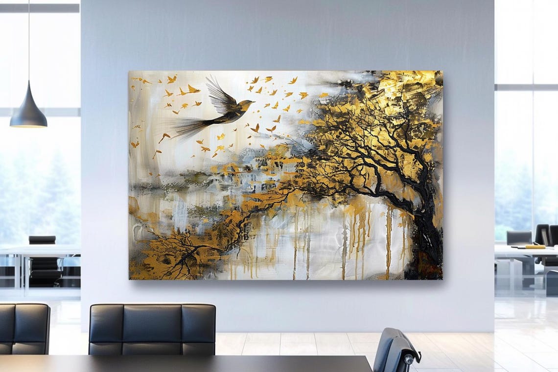 Message Golden Tree With Flying Bird Monochrome Abstract Poster - Image 3