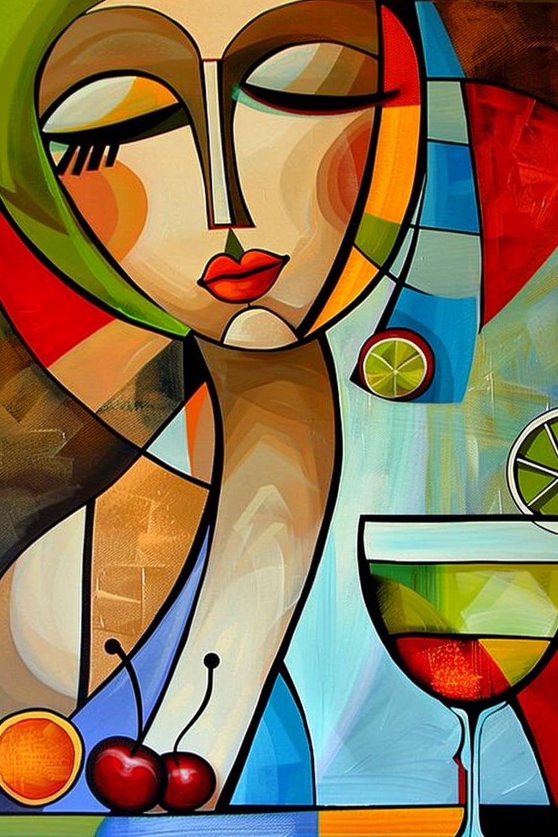 Cubist Woman Portrait With Cocktail Glass Cherries And Lime Poster - Image 2