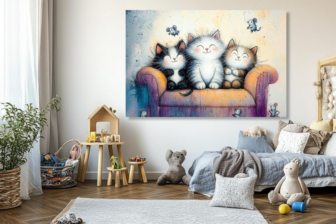Three Smiling Kittens On A Purple Couch With Tiny Mice Poster