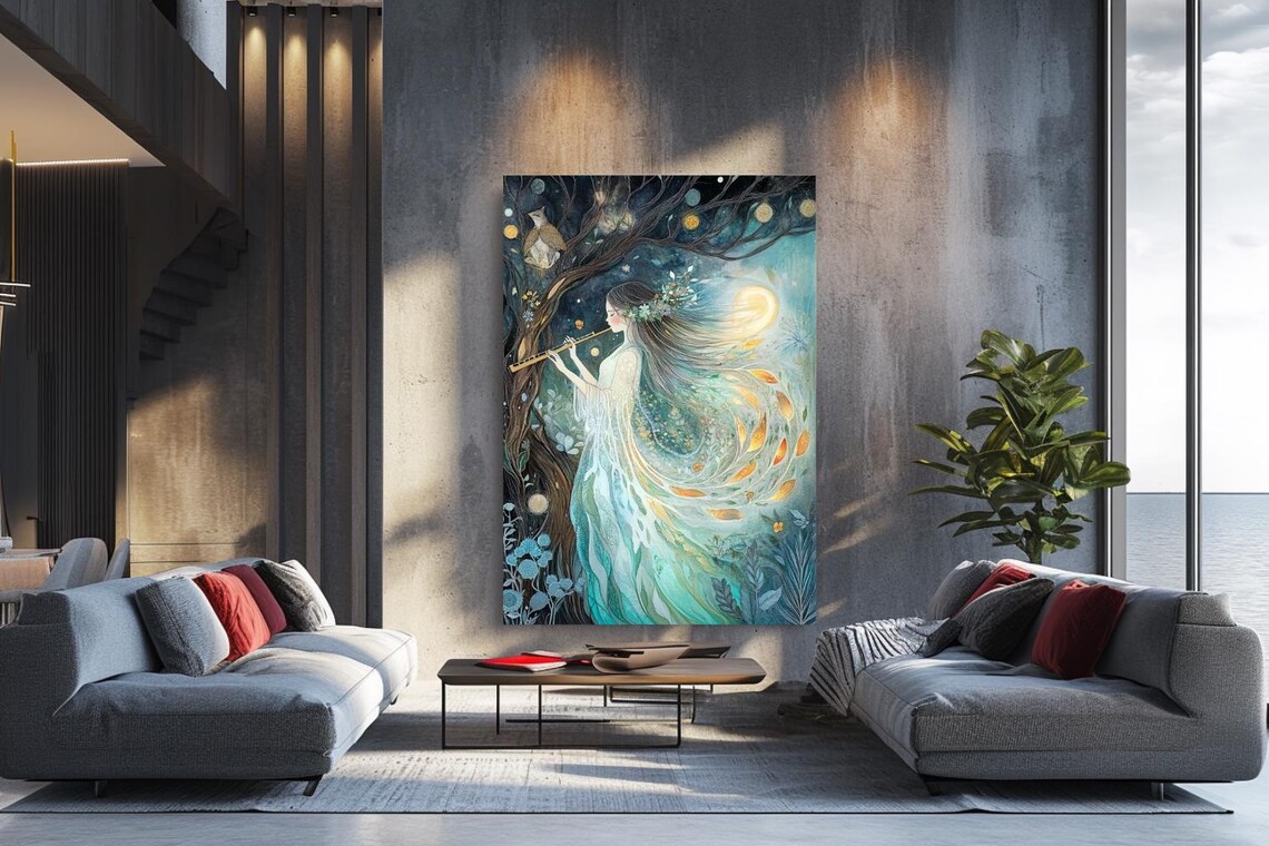 Ethereal Woman Playing Flute Beneath the Moon Fantasy Painting Poster