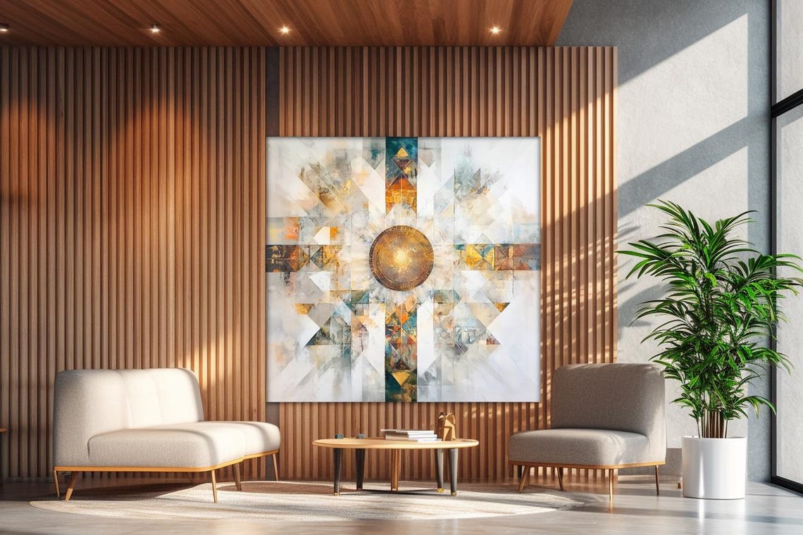 White Geometric Starburst with Golden Center Medallion Art Poster