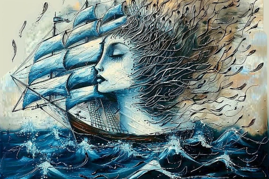 Woman Profile Merging With Sailing Ship Surreal Ocean Art Poster - Image 2