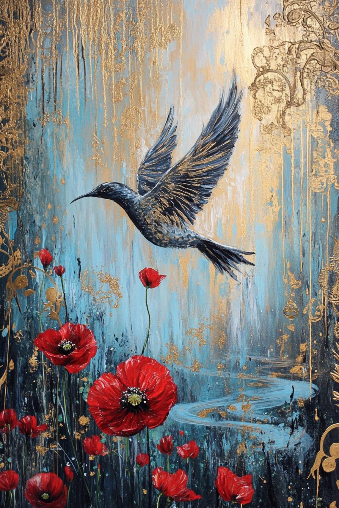 "Perfect World" Hummingbird And Red Poppies In Blue Gold Art Poster - Image 2