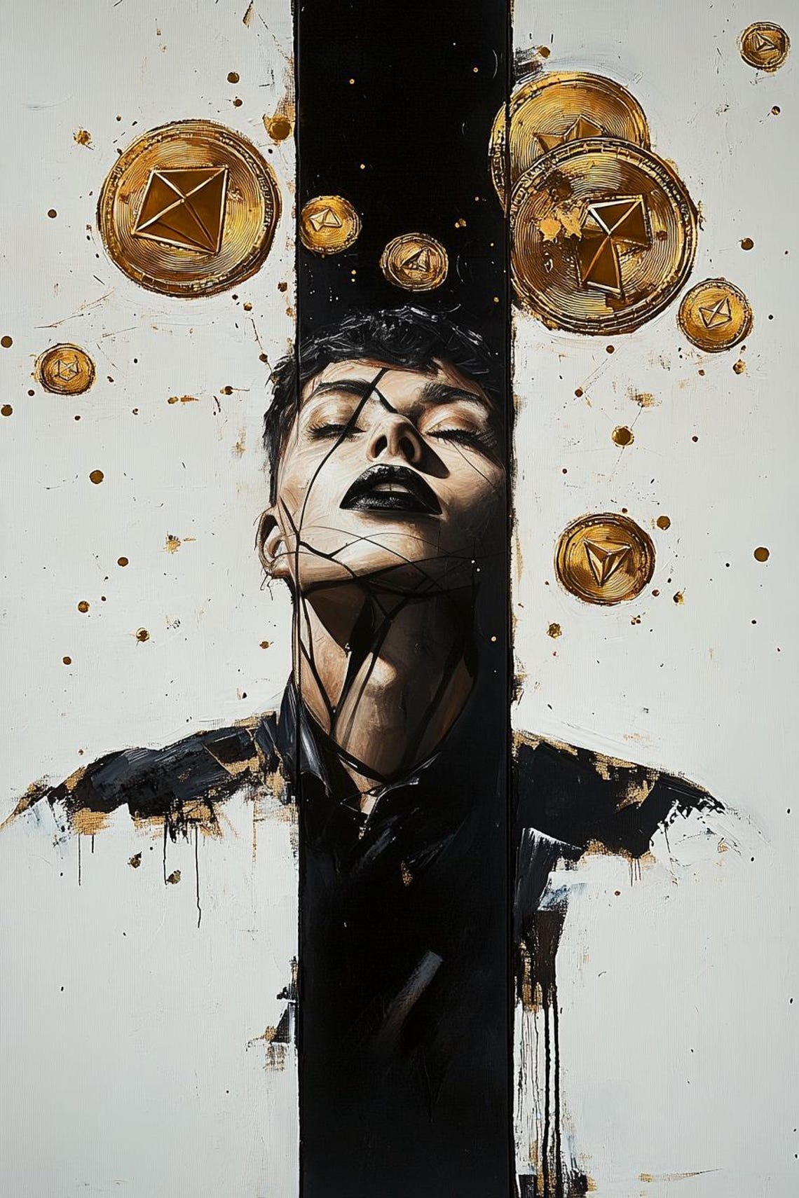 Man With Floating Gold Coins Black And White Abstract Art Poster - Image 2