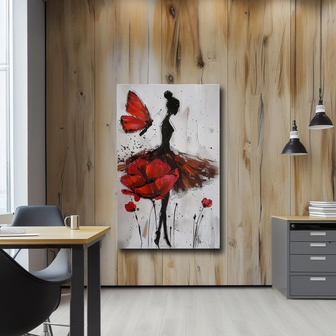 Dancer with Red Butterfly and Poppy Skirt Silhouette Painting Poster - Image 3