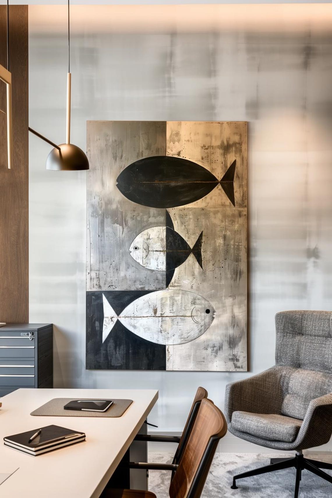 Flow Three Fish In Black White And Gold Abstract Painting Poster - Image 2