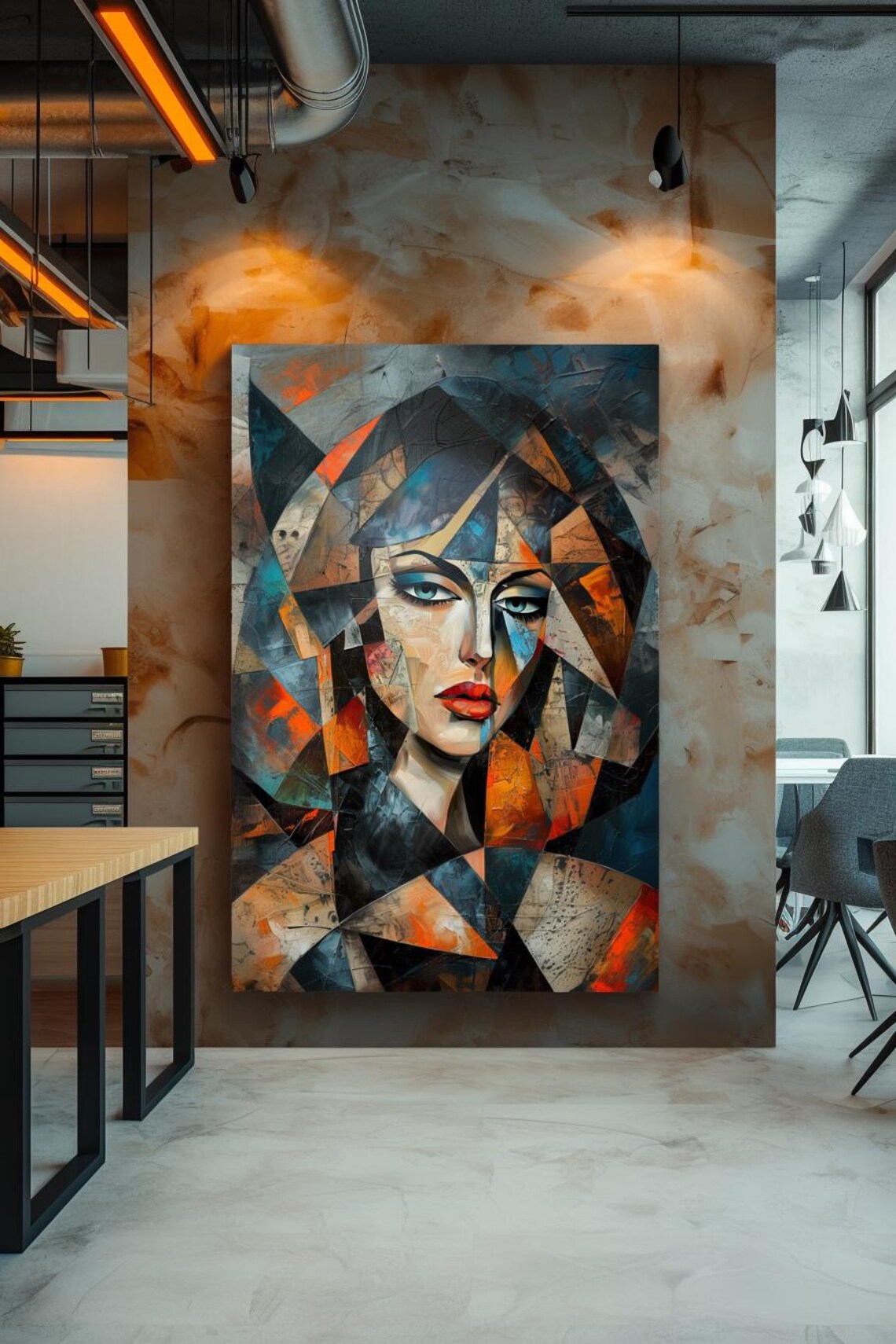 Cubist Woman Face In Bold Orange Teal Fragmented Portrait Poster - Image 2