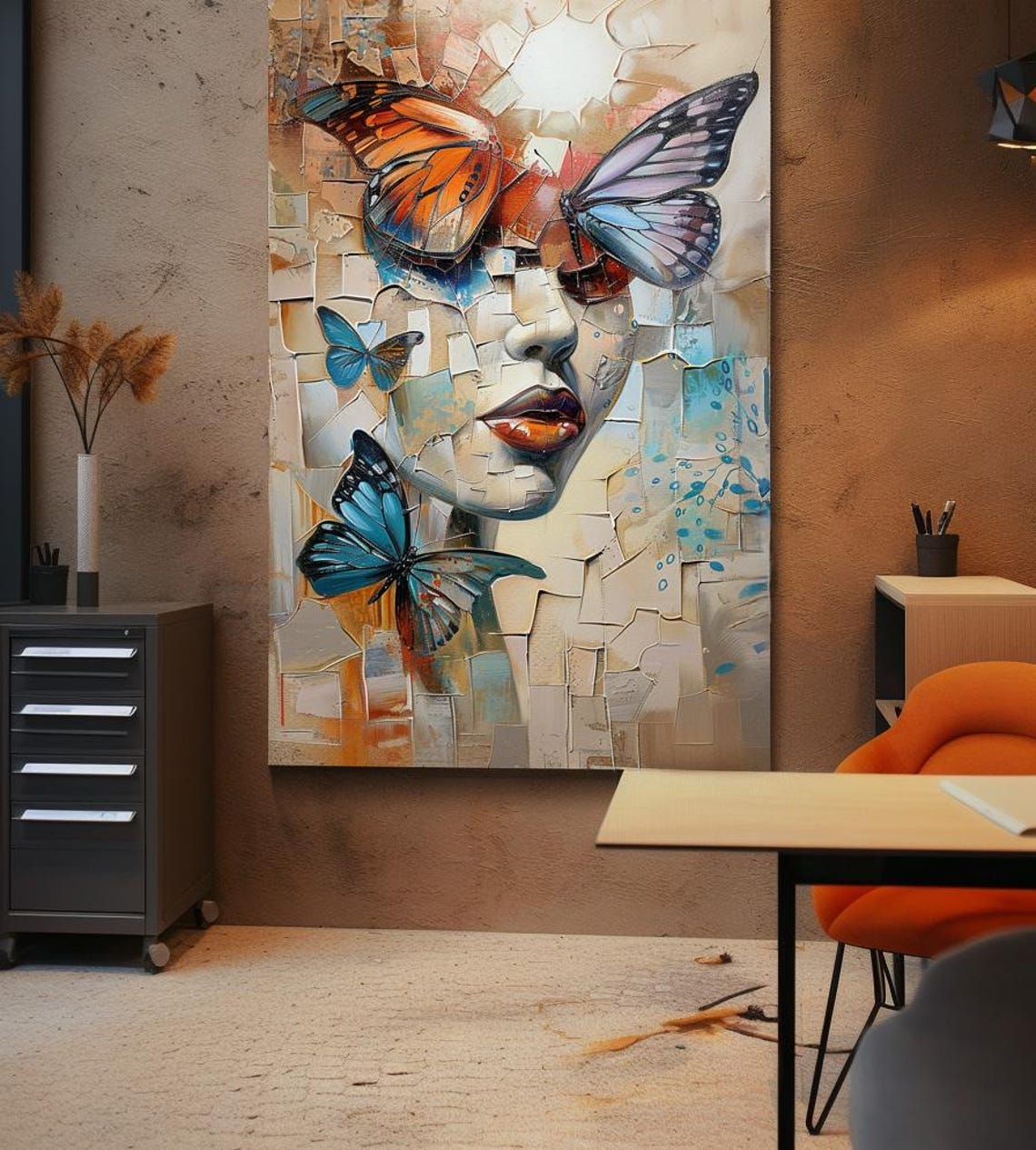 Fragmented Woman Portrait with Butterflies Abstract Mosaic Art Poster