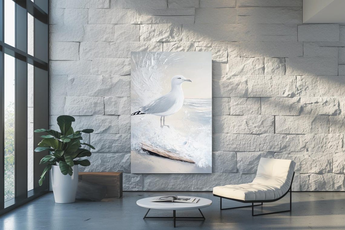 White Seagull On Ocean Wave Minimalist Coastal Decorative Art Poster