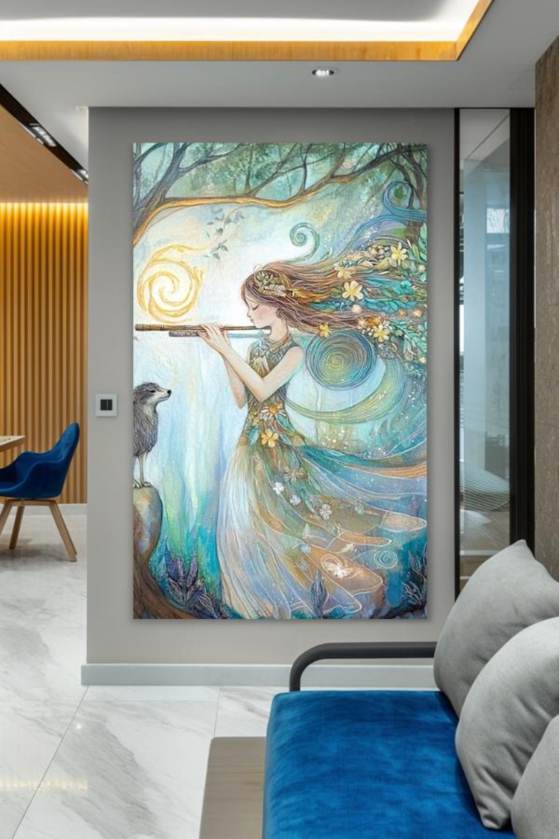 Forest Goddess Playing Flute with Wolf Fantasy Teal Painting Poster - Image 3