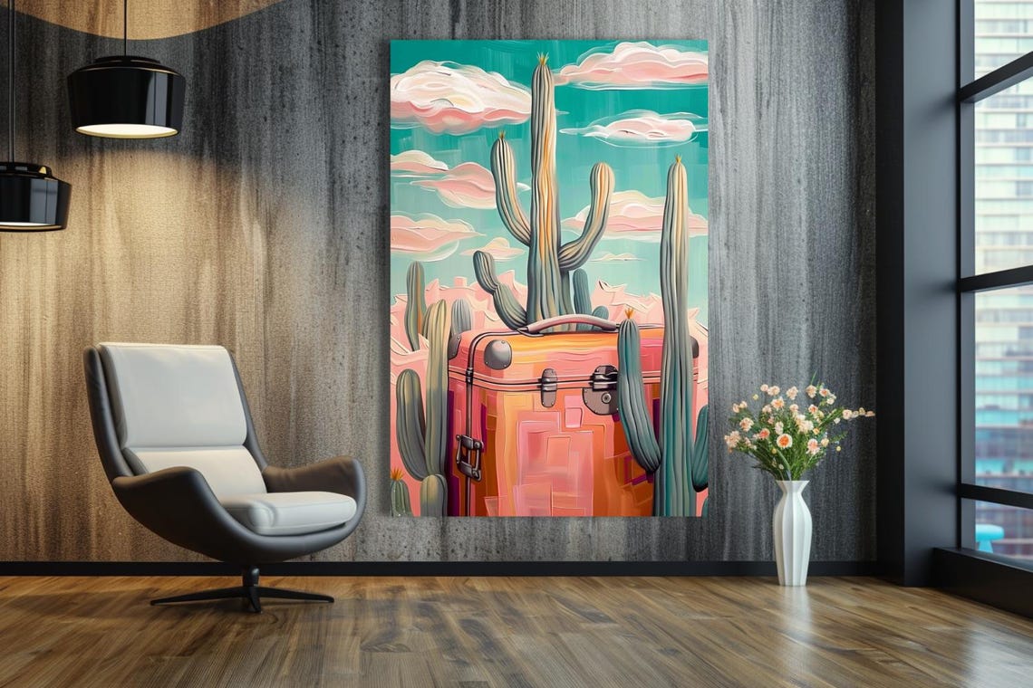 Pink Vintage Suitcase Among Saguaro Cacti In Desert Sunset Poster