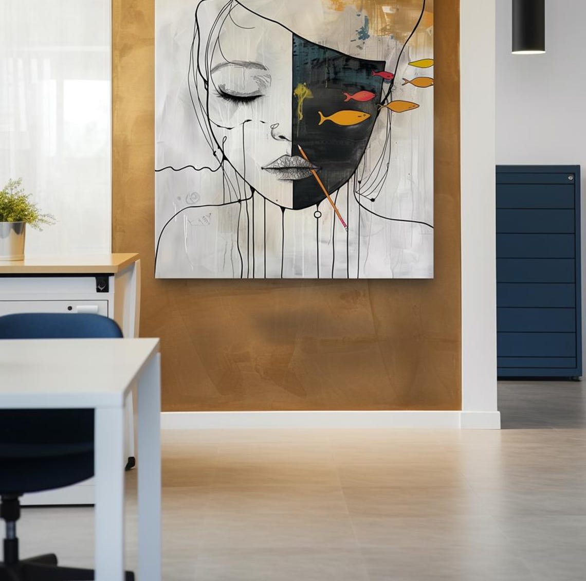 Line Art Woman Face With Colorful Fish Half Portrait Canvas Poster - Image 3