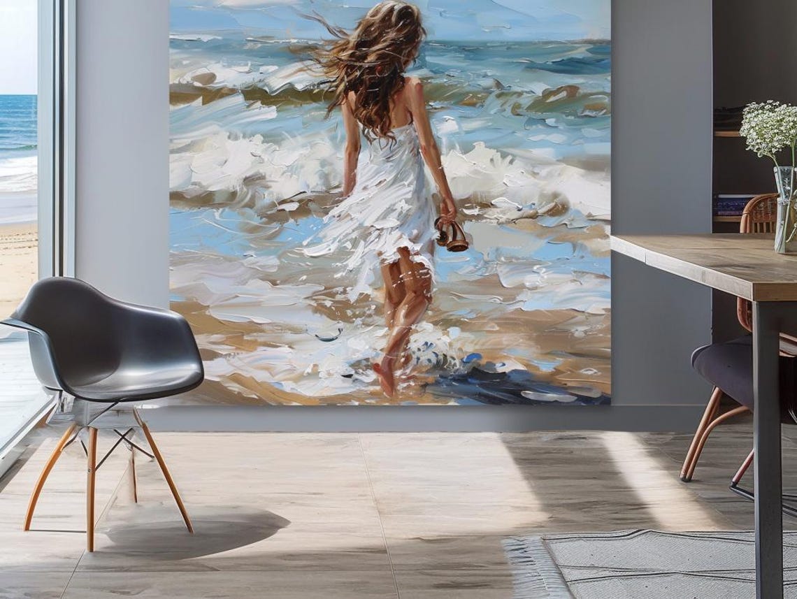 Woman Walking Into Sea Waves Impressionist Beach Ocean Art Poster - Image 3