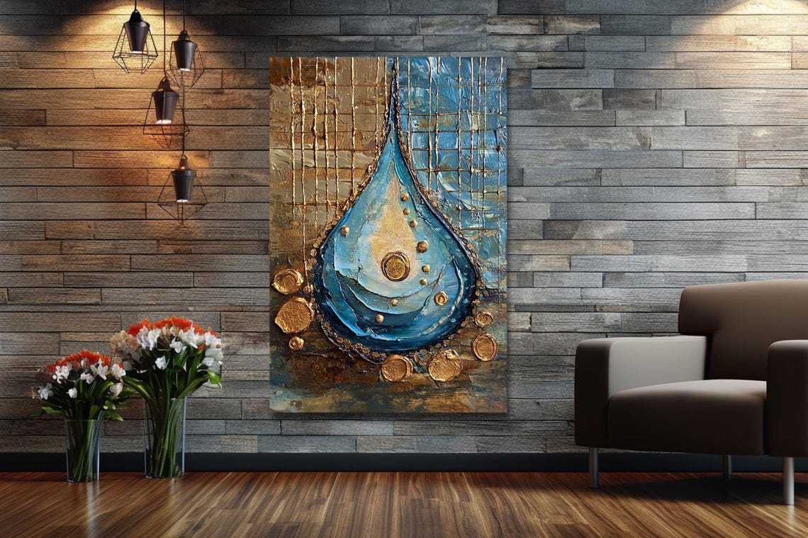 "The Drop" Blue And Gold Water Drop On Cracked Stone Texture Poster - Image 3