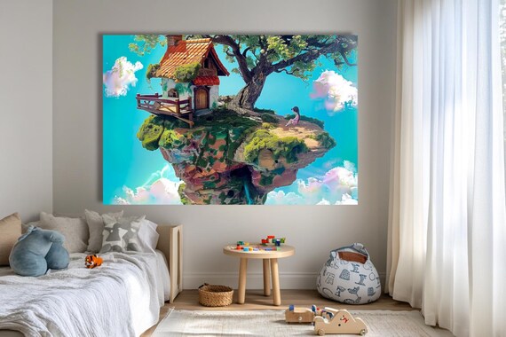 Whimsical Floating Island Cottage In The Sky With Girl Poster