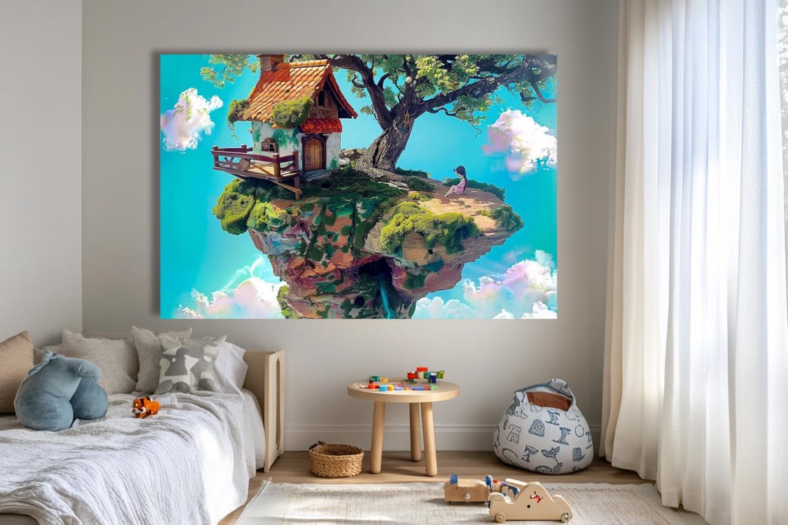Whimsical Floating Island Cottage In The Sky With Girl Poster