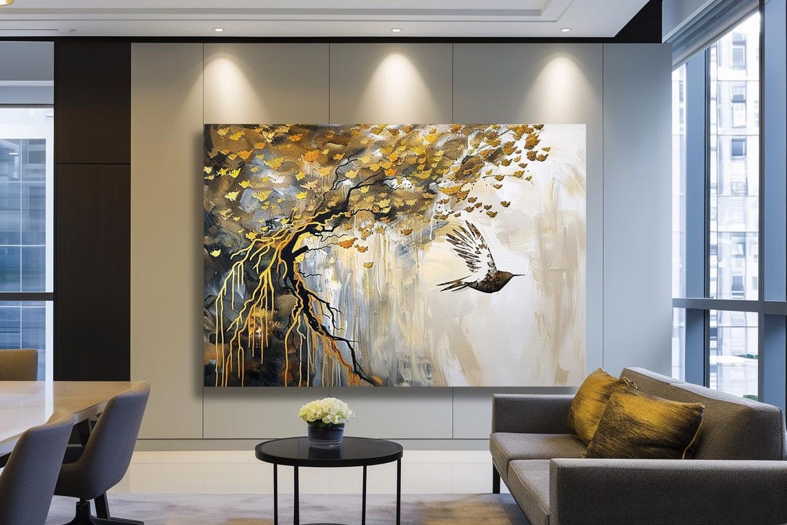 Golden Dreams Elegant Golden Tree With Roots And Flying Bird Poster - Image 3